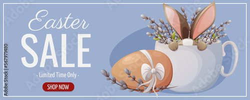 Easter sale. A bunny is hiding in a cup, a chicken egg with a bow, willow twigs. Vector illustration for the spring holiday. Blue horizontal banner, flyer, poster