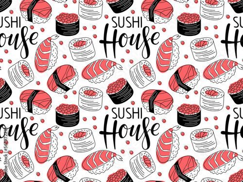 Seamless Japanese food pattern. Sushi house Calligraphy lettering and different types sushi. Asian food. Repeated doodle sketch vector illustration for wallpaper, textile, wrapping, scrapbooking