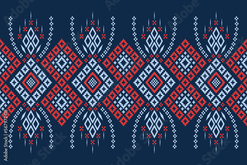 Indigo navy blue geometric traditional ethnic pattern Ikat seamless pattern border abstract design for fabric print cloth dress carpet curtains and sarong Aztec African Indian Indonesian 