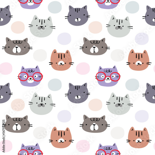 Seamless Pattern with Cartoon Cat Face Design on White Background