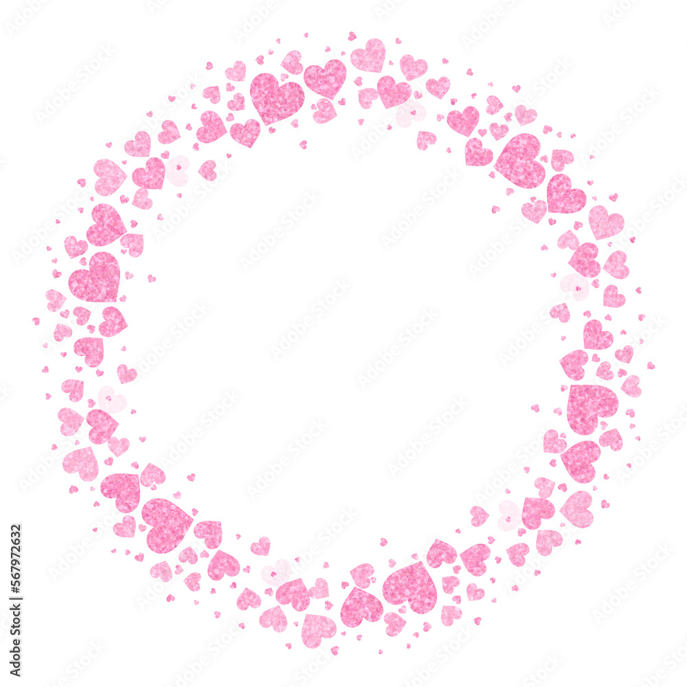 Circle frame formed of hearts, pink glitter color with no background