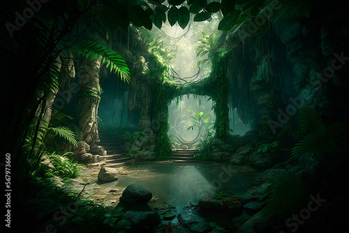 Jungle paradise with epic lighting and a fantasy twist  sense of scale. Generative AI