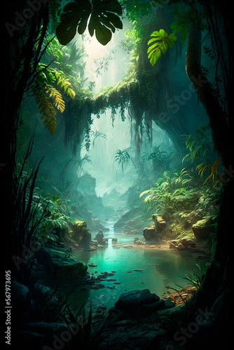 Jungle paradise with epic lighting and a fantasy twist  sense of scale. Generative AI