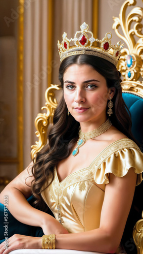Smiling young and beautiful queen sitting on the throne