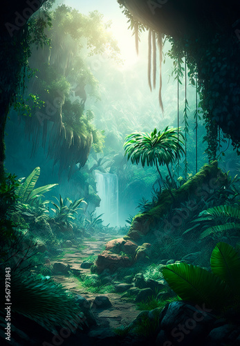 Jungle paradise with epic lighting and a fantasy twist, sense of scale. Generative AI