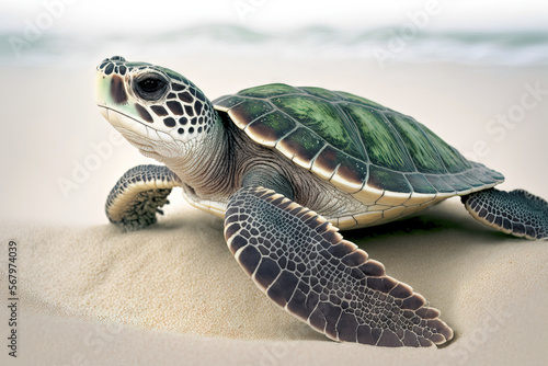 Taking her first steps toward the ocean is a young turtle. Playa Azul Beach is located near Lazaro Cardenas, Mexico. Generative AI