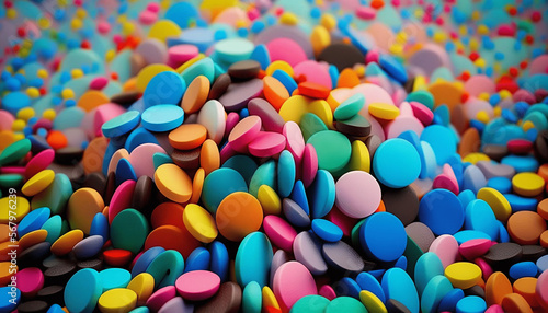Eco-friendly, biodegradable plastic grains in a variety of colors closeup macro view. Plastic raw materials. Generative AI