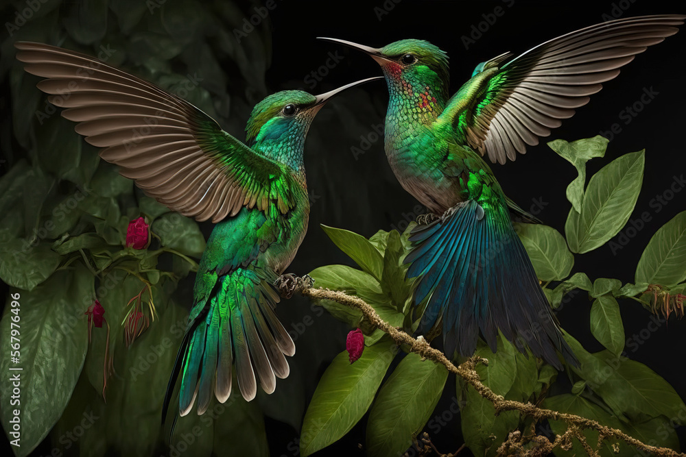 Fototapeta premium Fighting hummingbirds Urochroa bougueri leucura, also known as the green blue hummingbird from San Isidro, Ecuador, has a green back. In the tropical bush, two birds fly at each other. Hummingbirds fl