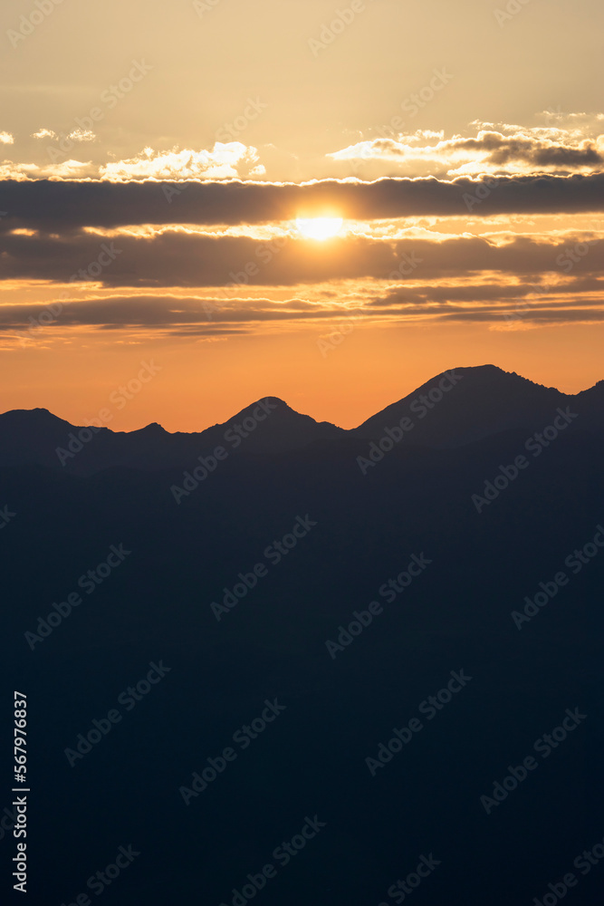 Silhouette of mountains in alpine landscape during sunrise, Zillertal, Tyrol, Austria Silhouette of mountains in alpine landscape during sunrise, Zillertal, Tyrol, Austria