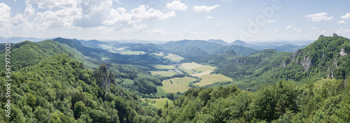 Panoramic view on green valley surrounded by lush forest and mountains, EU, Slovakia