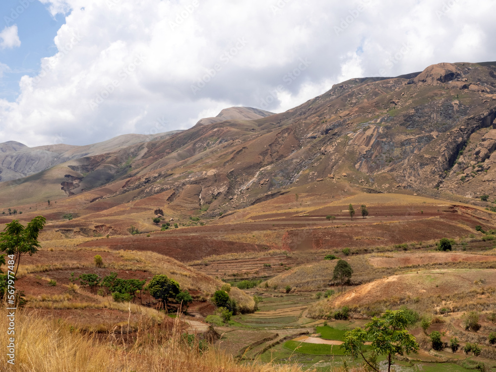 The landscape around Anjazafotsy, small fields in the valleys. Madagascar