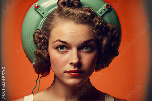 shot of a woman wearing a vintage futuristic cap sixties style photo