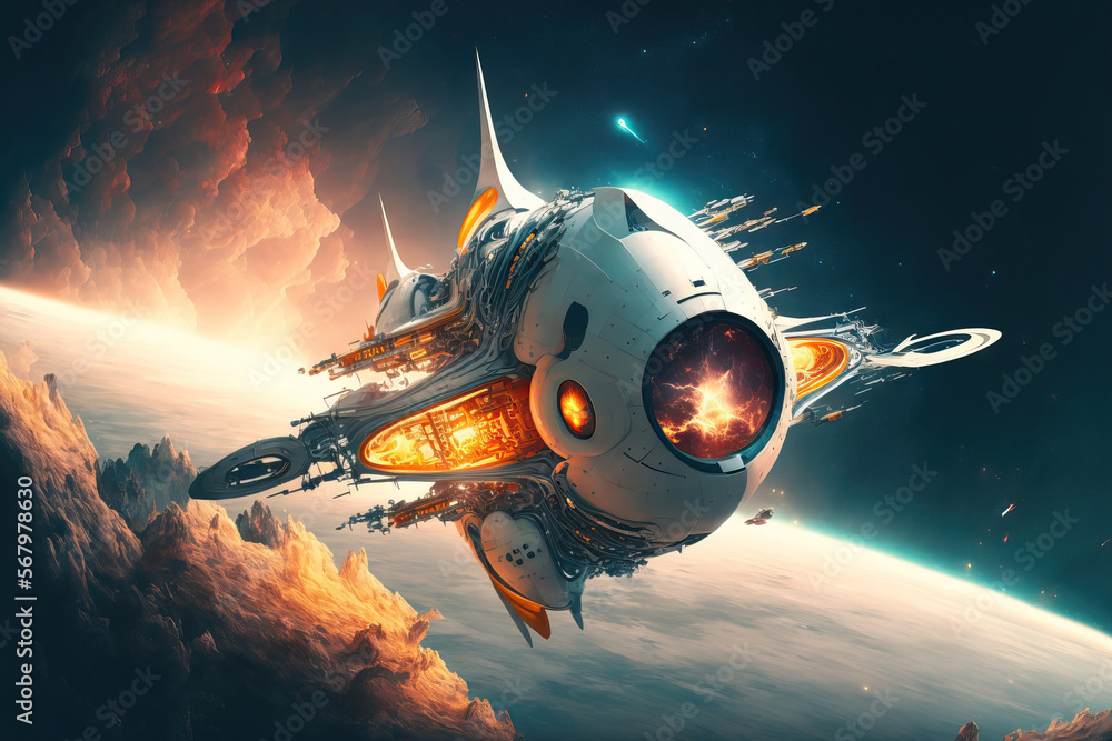 Naklejka premium A stunning spaceship is getting ready to launch into space as it explores the weird new realm of science. Generative AI