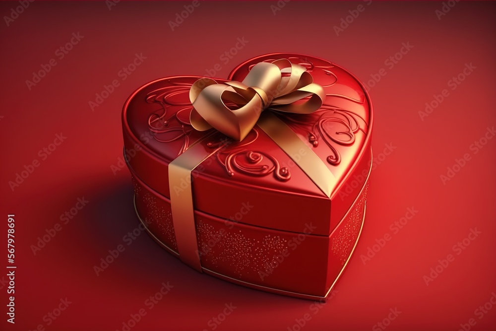 Red gift box with a gold bow in the shape of a heart on a solid red ...