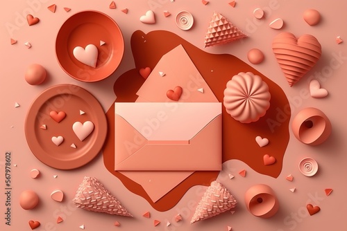 Envelope is open with a sheet in middle for Valentine's Day, around many hearts and sweets all in pastel coral colors and its shades, made with Generative AI
