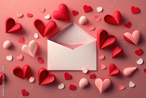 Valentine day greeting concept. Open envelope and red and pink hearts on pink background, top view. Flat lay. Made with Generative AI