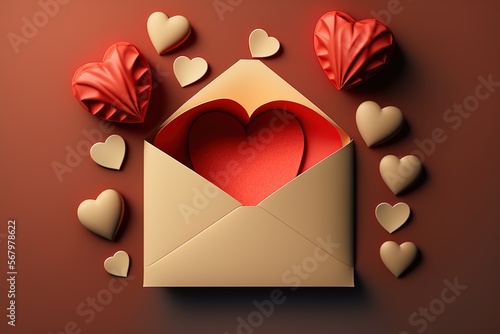 Red heart inside a beige envelope lying on a brown background around the envelope beige and red hearts a letter to a loved one on Valentine's Day made with Generative AI