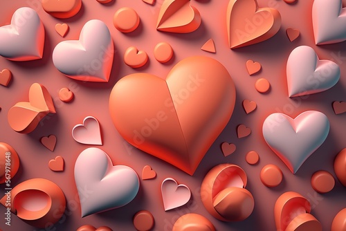 Big red heart in center, smaller hearts around on a pink background, 3D objects