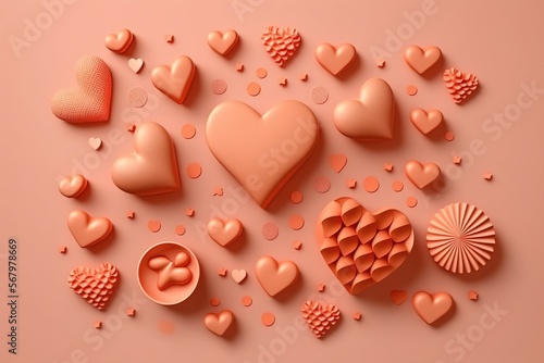 Minimalistic pink hearts of different shapes on a pink background desktop wallpaper made with Generative AI
