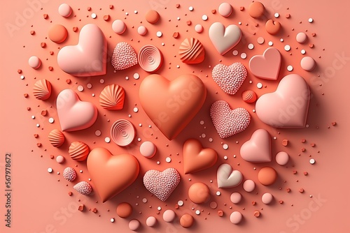 different hearts of different shades of pink in a heart-shaped presentation on a pink background 3D objects concept for Valentine's Day made with Generative AI