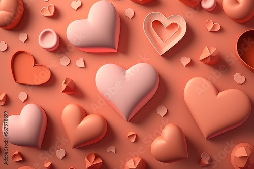 Many pink hearts and coral color hearts belong on pastel coral background, flat lay, Valentine's day