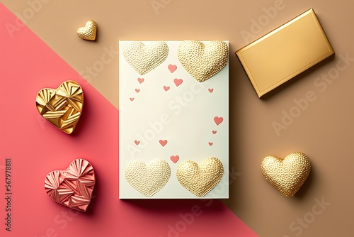 Card for Valentine's Day. White card with gold hearts and pink hearts lies on a brown background with pink color, around lies a decoration in the shape of hearts. Moсk Up, flat lay style