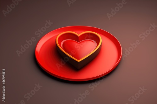 Red heart lies on a red plate on a brown background. Valentine theme.