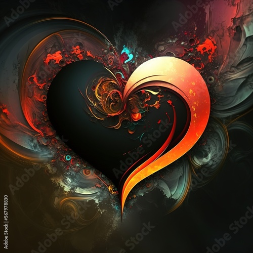 Beautiful graphic black heart shimmers in different colors on a black background, 3D objects abstraction for Valentine's Day made with Generative AI