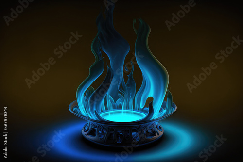 Blue flame from a stove over a black background. Generative AI