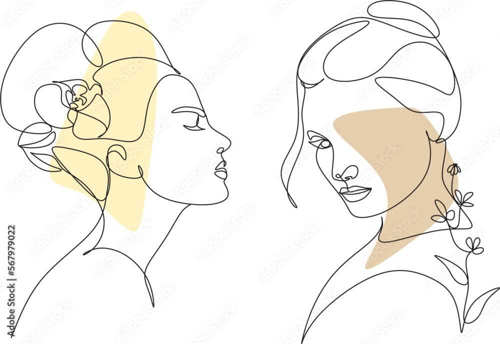 Abstract face with flowers by one line vector drawing. Portrait minimalistic style. Botanical print. Nature symbol of cosmetics. Modern continuous line art. Fashion print. Beaty salon logo. Abstract face with flowers by one line vector drawing. Portrait minimalistic style. Botanical print. Nature symbol of cosmetics. Modern continuous line art. Fashion print. Beaty salon logo.