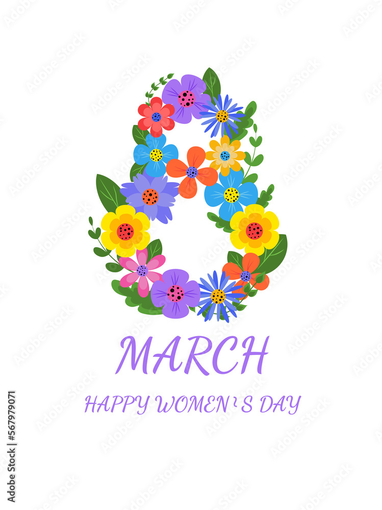 Postcard for March 8 to International Women's Day. Figure eight in the form of flowers and leaves.