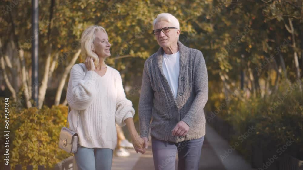 Happy senior couple walking together outside. Realtime Happy senior couple walking together outside. Realtime
