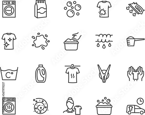 Vector set of laundry line icons. Contains icons washing machine, detergent, dryer, gently washing, soap bubbles, wring, clothespin, ironing and more. Pixel perfect.