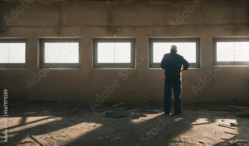 View of an old man in an abandoned appartment with giant windows in the background - AI Generative