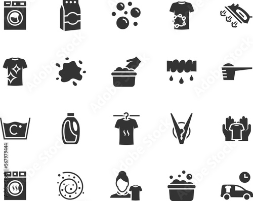 Vector set of laundry flat icons. Contains icons washing machine, detergent, dryer, gently washing, soap bubbles, wring, clothespin, ironing and more. Pixel perfect.
