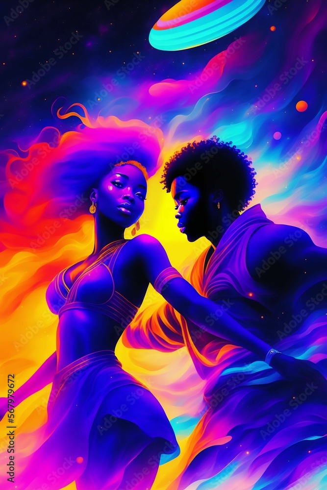Cosmic Afro-Dance Party - Showcasing stylish movements of cyberpunk dancers in a colorful, retro 90's anime-inspired nightclub setting, with a minimalist zen brush art silhouette. By Generative AI Cosmic Afro-Dance Party - Showcasing stylish movements of cyberpunk dancers in a colorful, retro 90's anime-inspired nightclub setting, with a minimalist zen brush art silhouette. By Generative AI