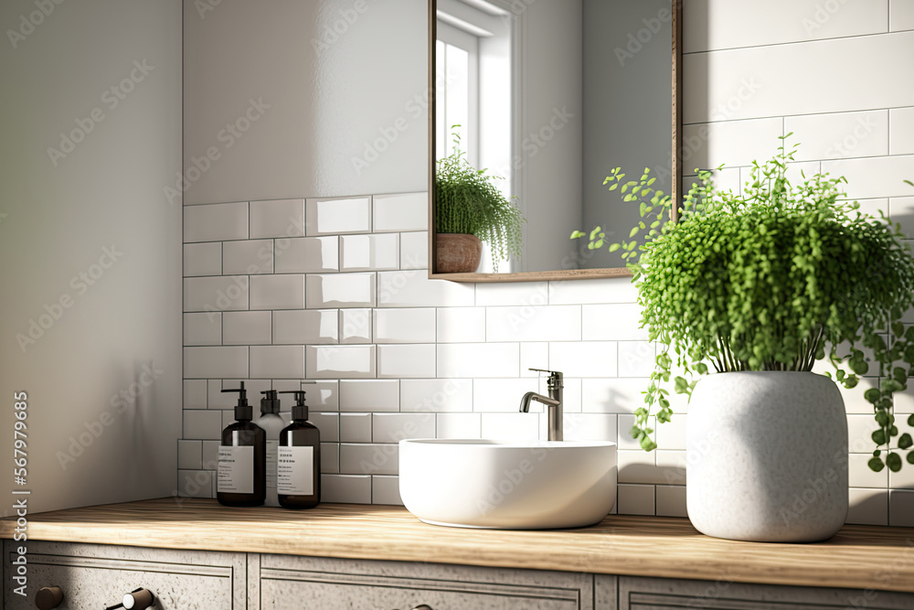 Fototapeta premium View of white tiles and a contemporary bathroom sink vanity. Generative AI