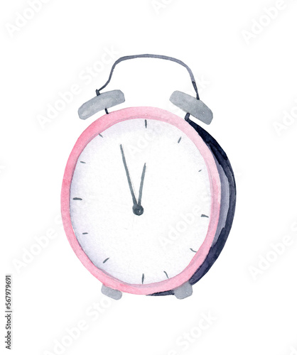 Cute alarm clock. Watercolor hand drawn illustration isolated on white background