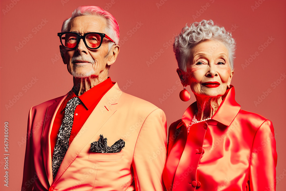 glamorous elderly couple in fashion clothes on plain color background in photography studio. Ai generated art