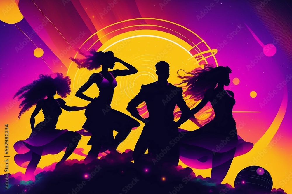 Cyberpunk Afro-Dance Celebration - Highlighting fashionable grooves in a vibrant, 90's anime nightclub with a touch of minimalist brush art, captured in silhouette. By Generative AI