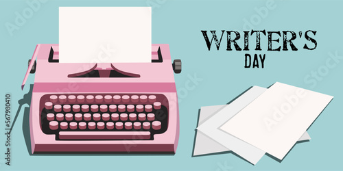 World Writer's Day. Writer's Day. A typewriter with printed text and sheets of paper. A banner of the World Writers' Day with a bright pink retro typewriter. Flat vector illustration.