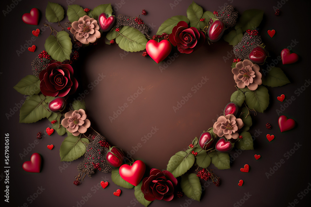 Obraz premium Beautiful Valentine's Day background. Floral frame in shape of heart with hearts, leaves and different flowers. Romantic horizontal top view banner with empty space. AI generative image.