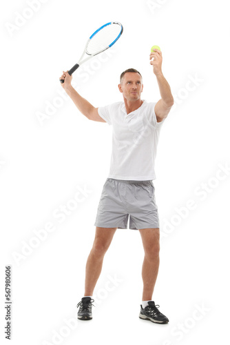 Tennis sports, fitness and man in studio isolated on white background for exercise. Training, athlete and mature male with racket ready to hit ball for workout for health, game practice or wellness. © AW/peopleimages.com