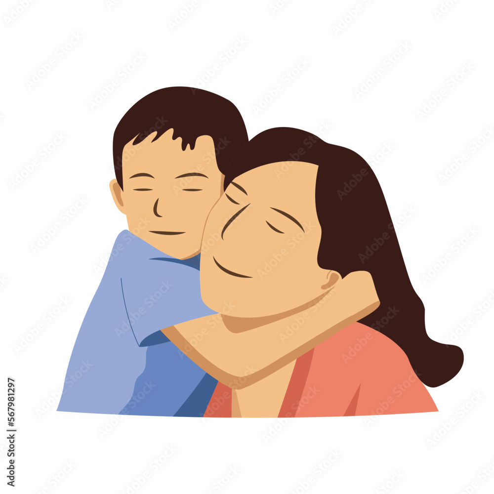 Cute young kid hugging and cuddling his adorable mother colorful vector flat drawing