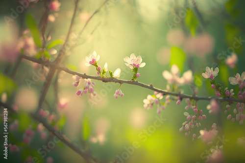 Close up spring cherry blossom branches with beautiful pink flowers. Floral outdoor nature background with selective focus and bokeh effect. Sun bright light background. AI generative image.