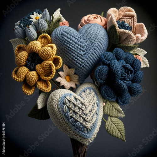 Hearts with flowers knitted from thread
