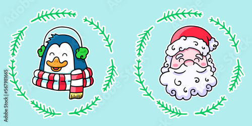 Cute cartoon Santa Claus and the penguin, vector design element, hand drawn