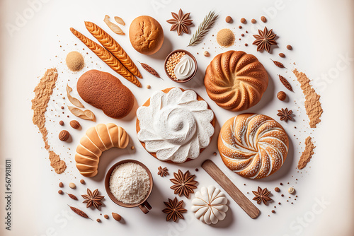 Different fresh and tasty bakery products. Top view home made buns and cookies on white background. Pastry food collection. Flat lay composition. AI generative image.