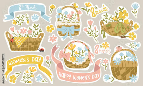 A set of inscriptions and illustrations for March 8 with a ribbon and flowers. Women's Day. Calligraphy-style inscriptions in English. Template for posters, postcards, banners, stickers. Women's day