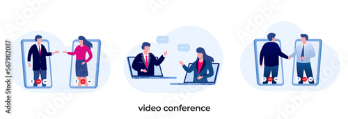 Video conference concept. People on computer screen taking with colleague. Videoconferencing and online meeting workspace vector page